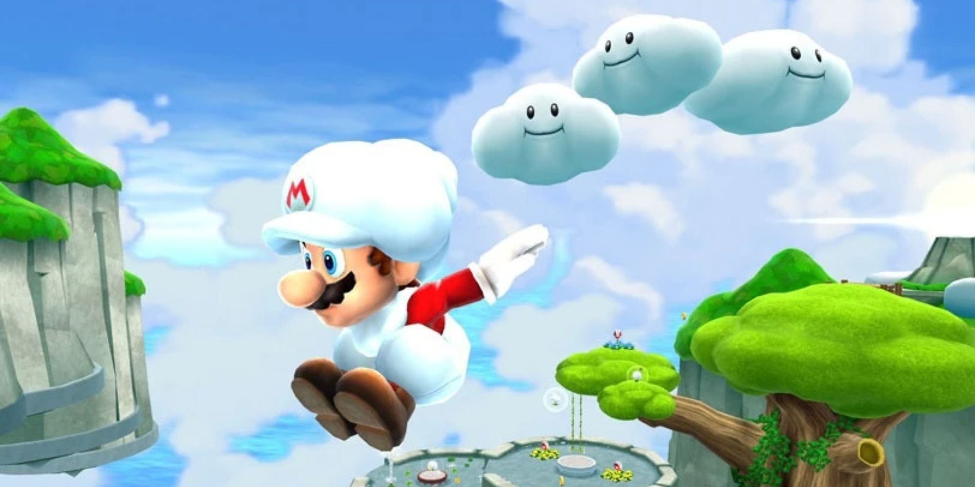 Cloud Mario leaping followed by three smiling clouds