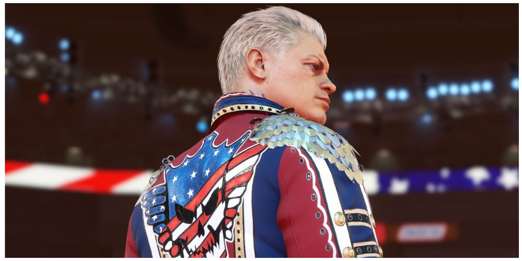Cody Rhodes with his back turned and head to the right. He is wearing his red, white, blue and gold robe with his American Skill logo on the back in WWE2K23