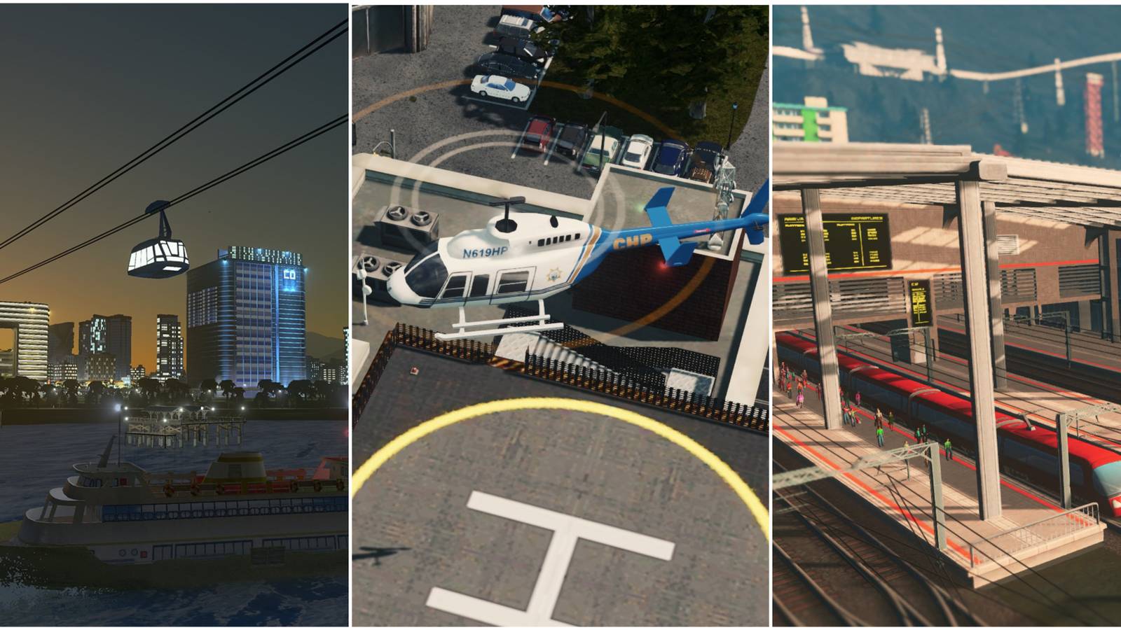 Collage of Cities Skylines with Ferry, Cable Cars, Helicopter and Train