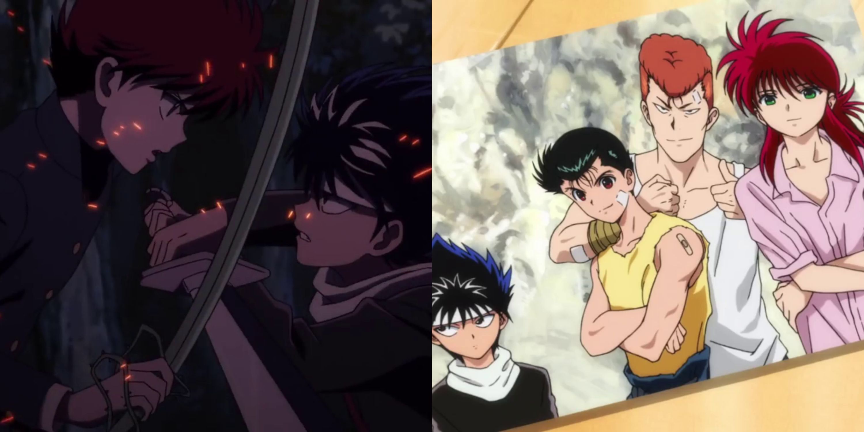 Collage of Hiei and Kurama's first meeting and a picture of team Urameshi