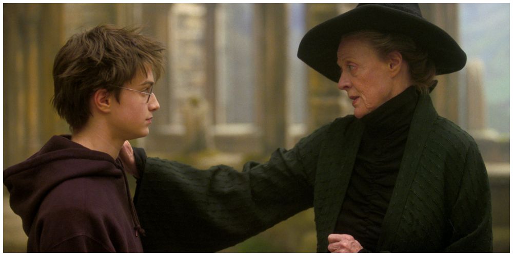 Daniel Radcliffe as Harry Potter.  Maggie Smith as Minerva McGonagall.