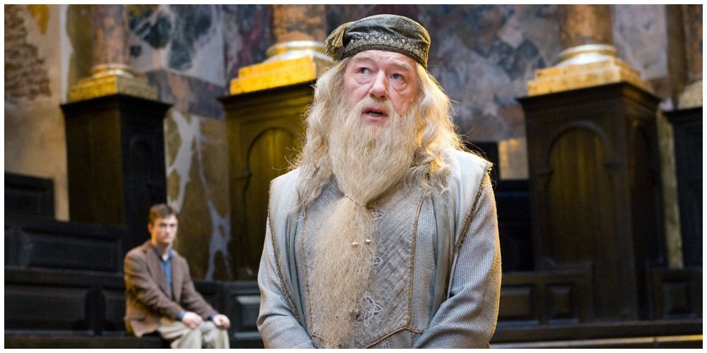 Daniel Radcliffe as Harry Potter.  Michael Gambon as Albus Dumbledore.