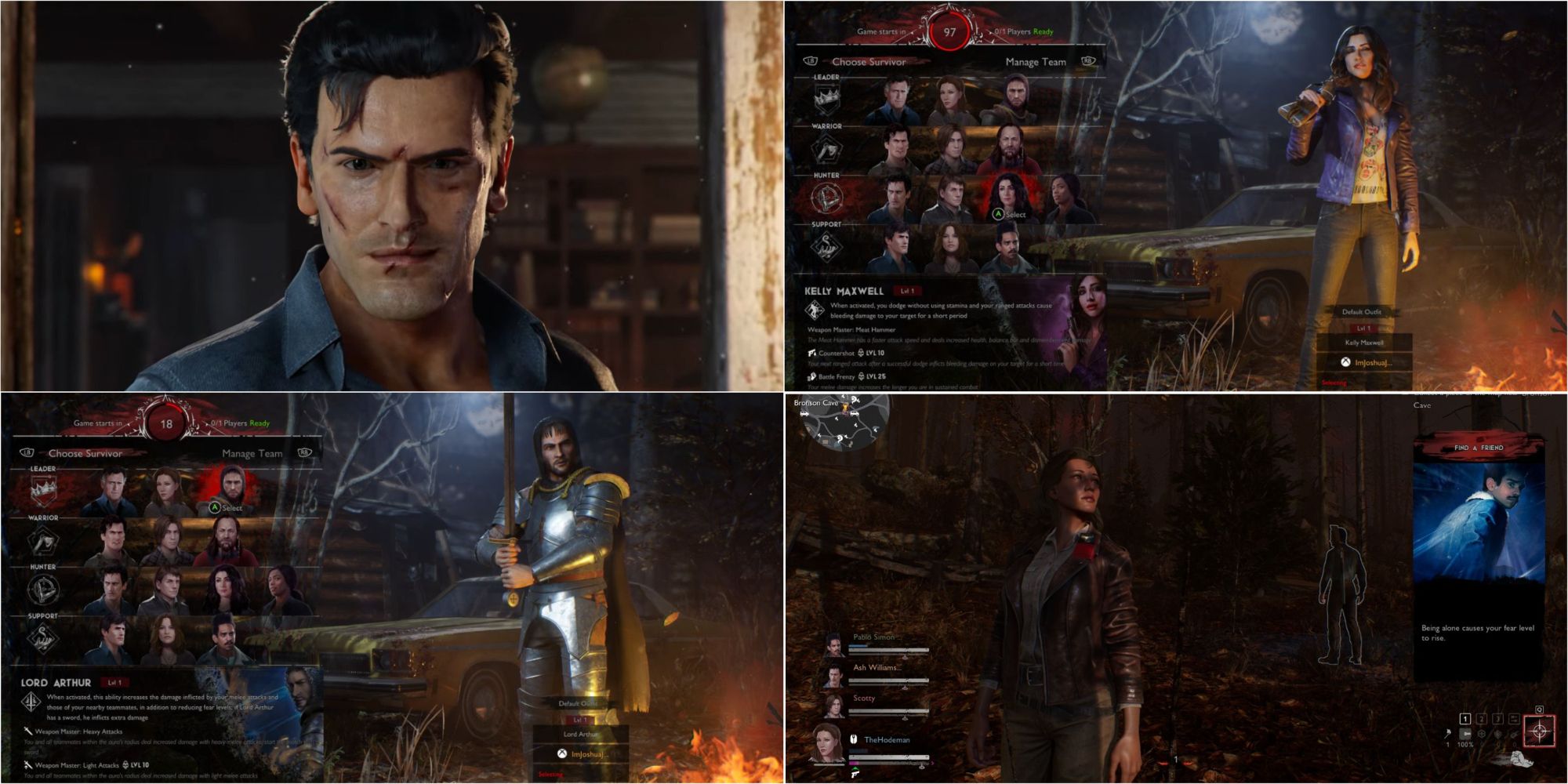 Ash Williams, Annie Knowby, Kelly Maxwell and Lord Arthur in Evil Dead The Game