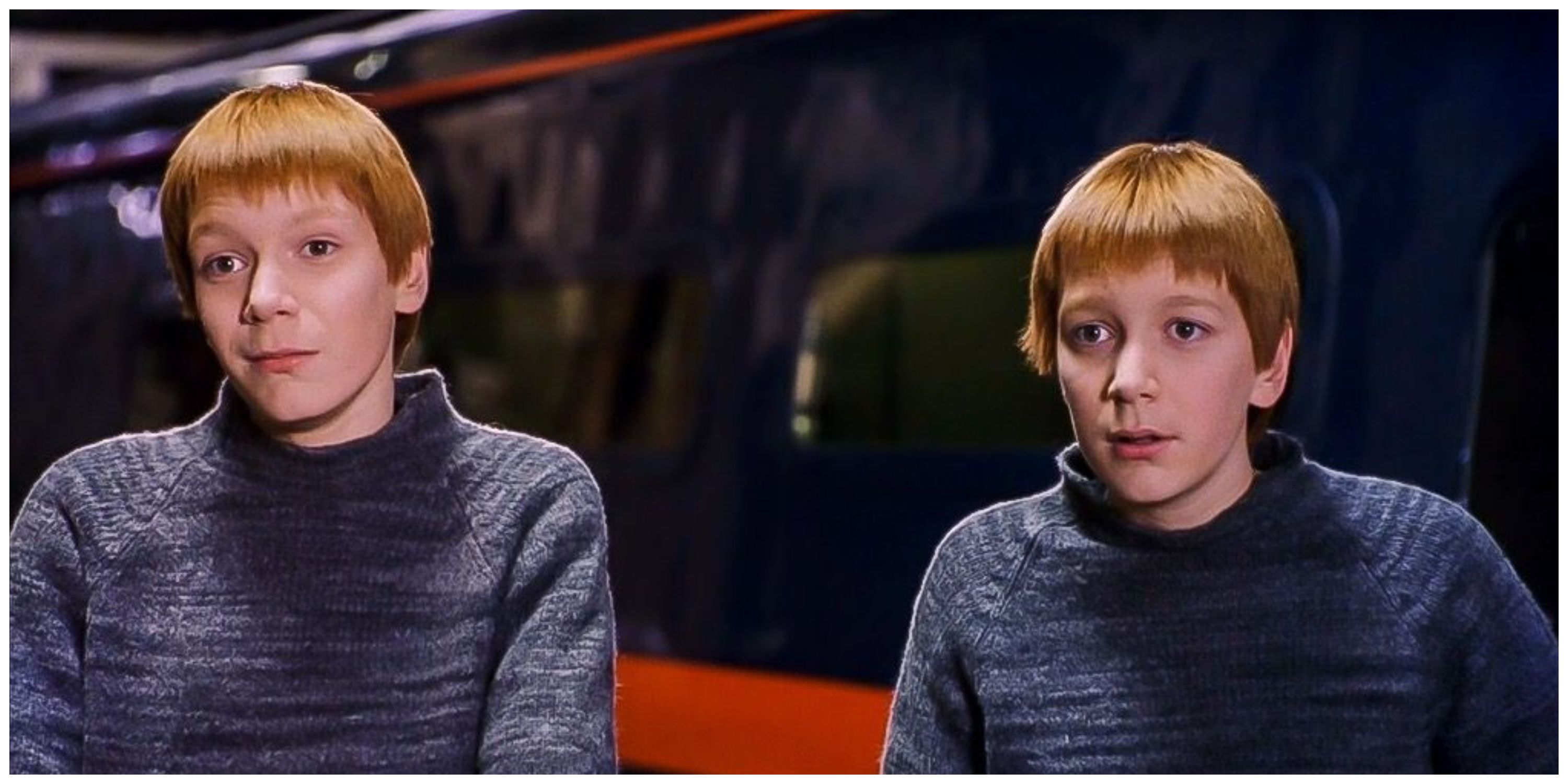 Fred and George Weasley at King's Cross Station.