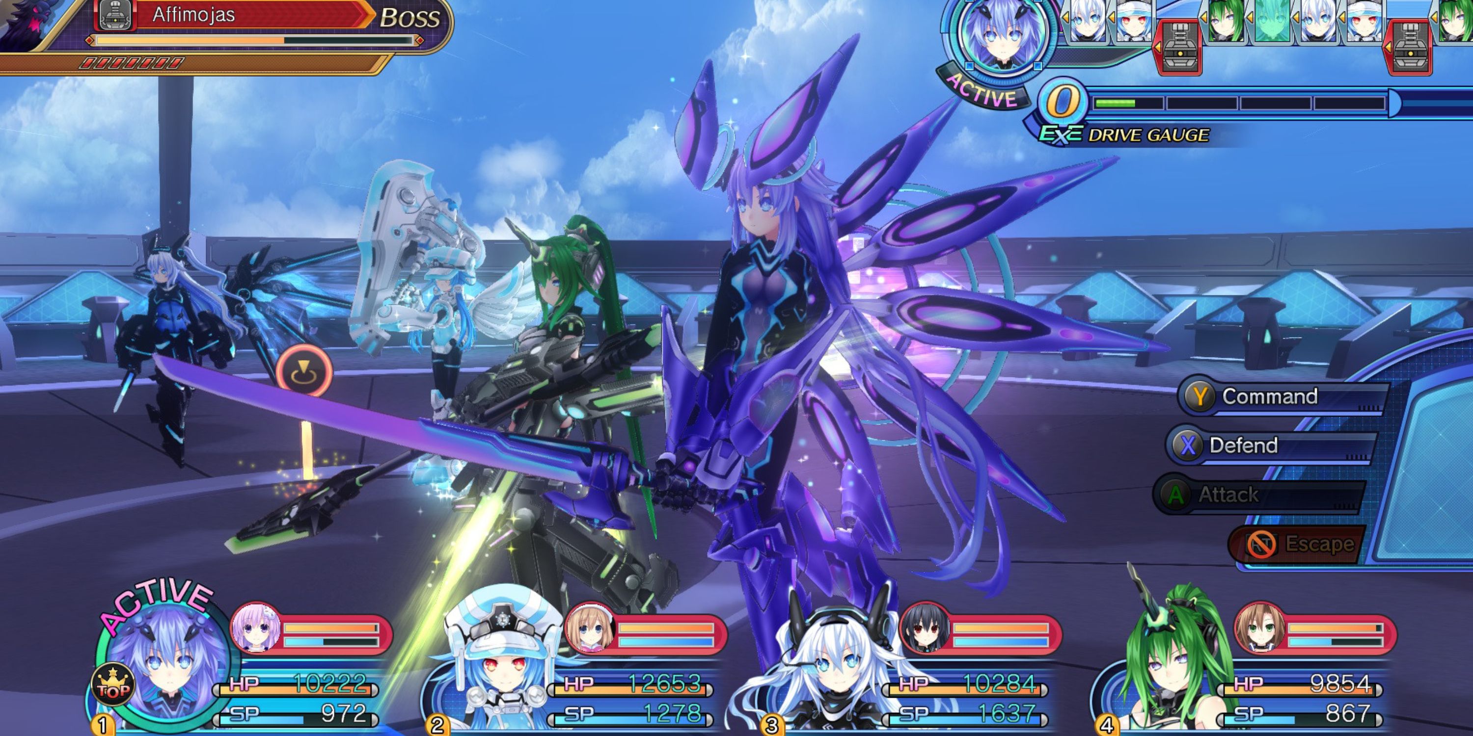 Purple Heart, White Heart, Green Heart and Purple Sister fighting a boss