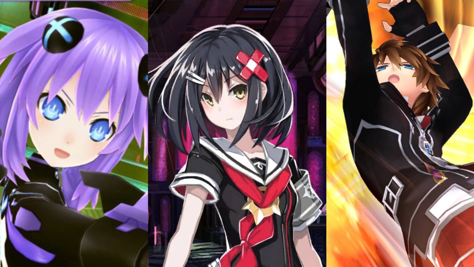 Collage of Hyperdimension Neptunia's Neptune, Mary Skelter's Alice and Fairy Fencer F's Fang