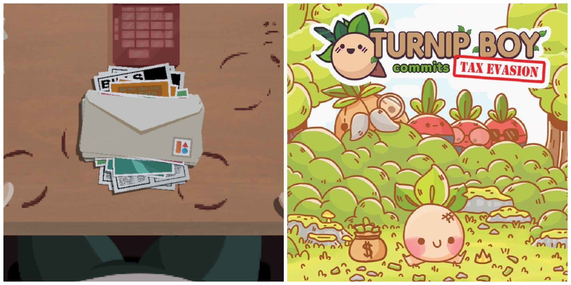Left: A pile of mail on a coffee-stained desk. Right: a smiling turnip sitting in the forest next to a bag of money.