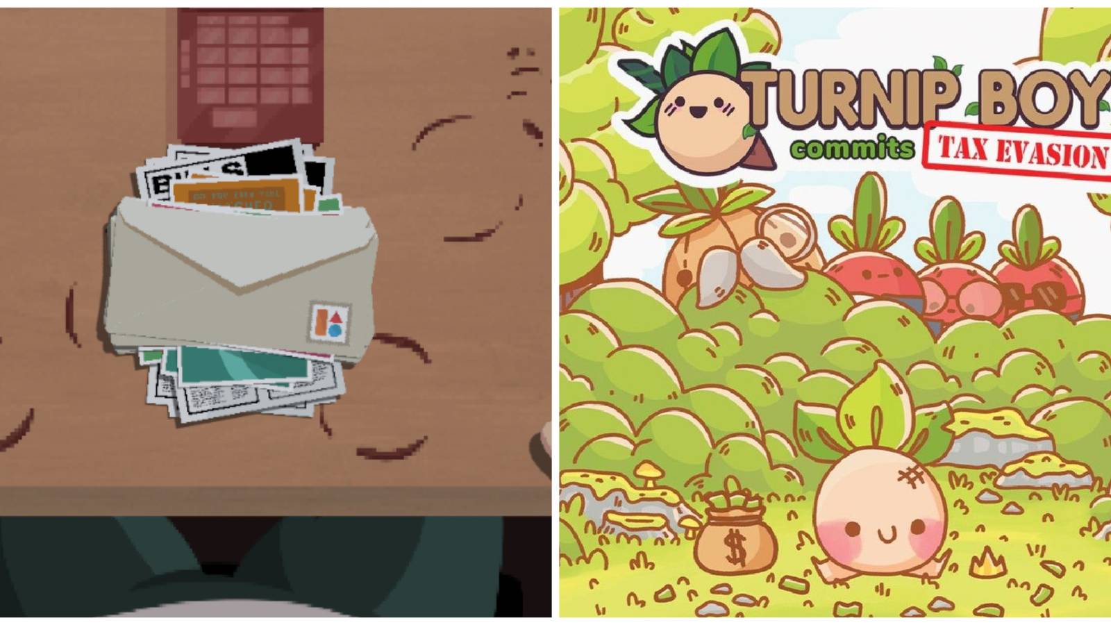 Left: A pile of mail on a coffee-stained desk. Right: a smiling turnip sitting in the forest next to a bag of money.