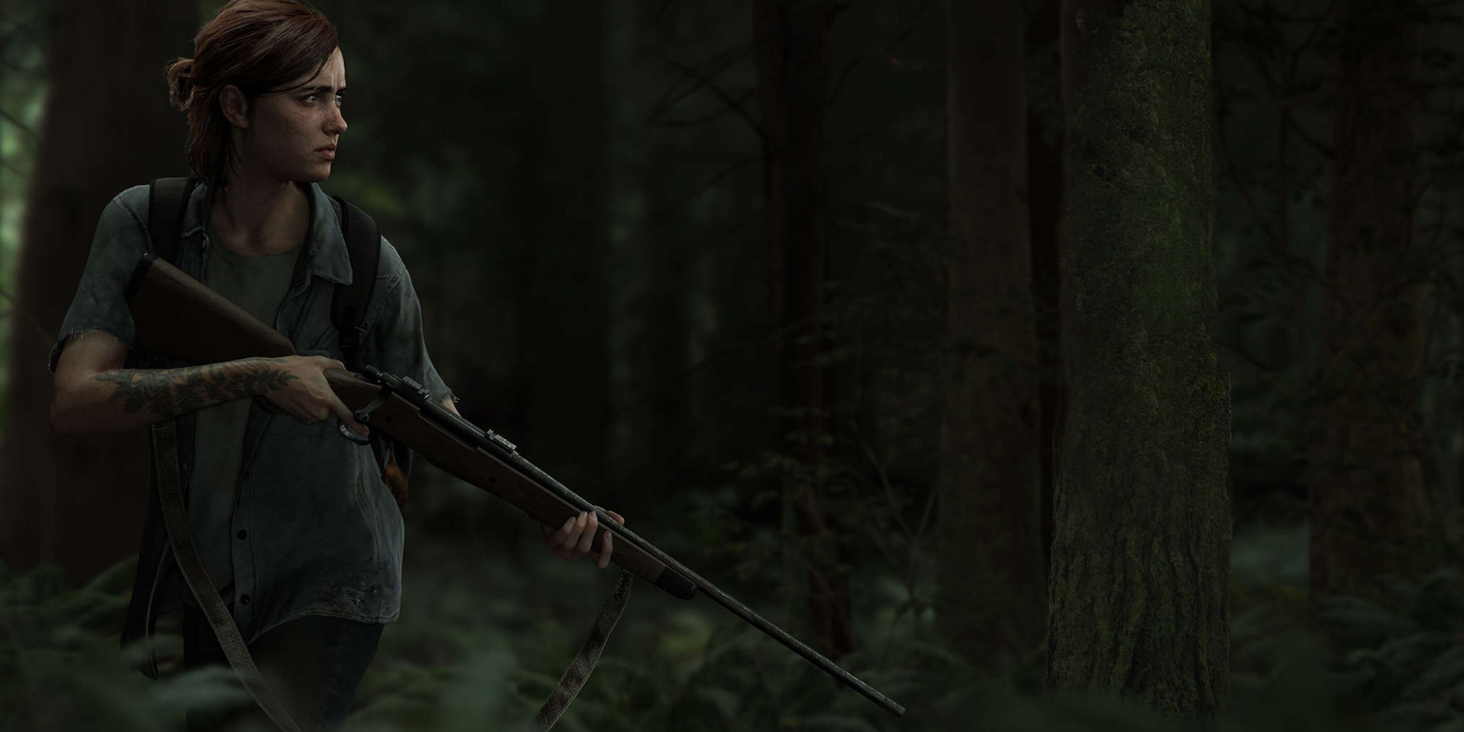 Eliie stalking through the woods with a weapon drawn