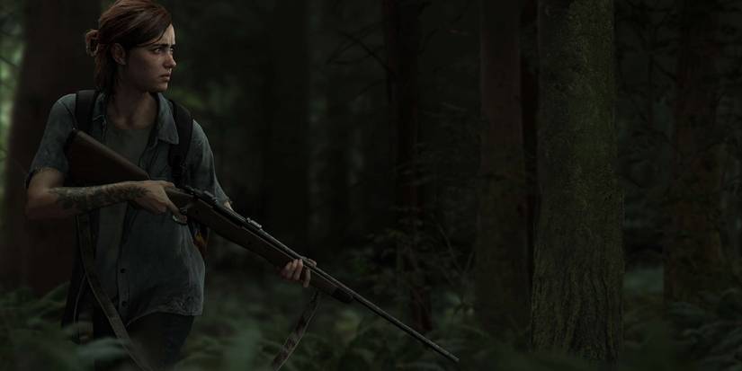 Eliie stalking through the woods with a weapon drawn