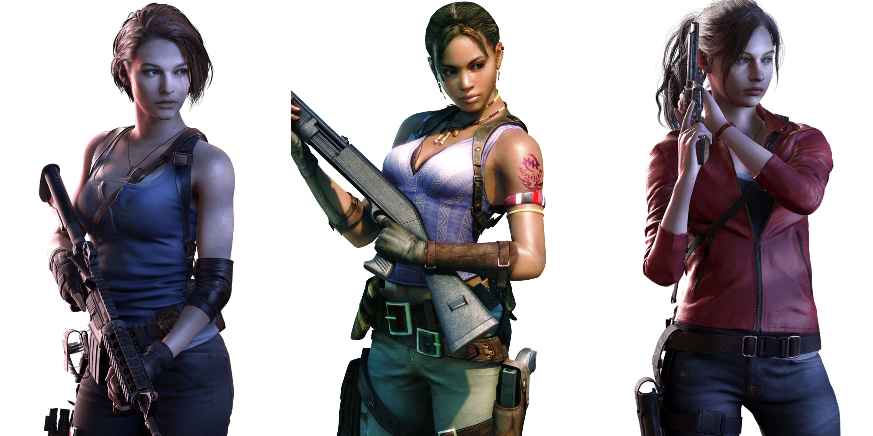 Jill Valentine from Resident Evil 3, Sheva Alomar from Resident Evil 5, and Claire Redfield from Resident Evil 2