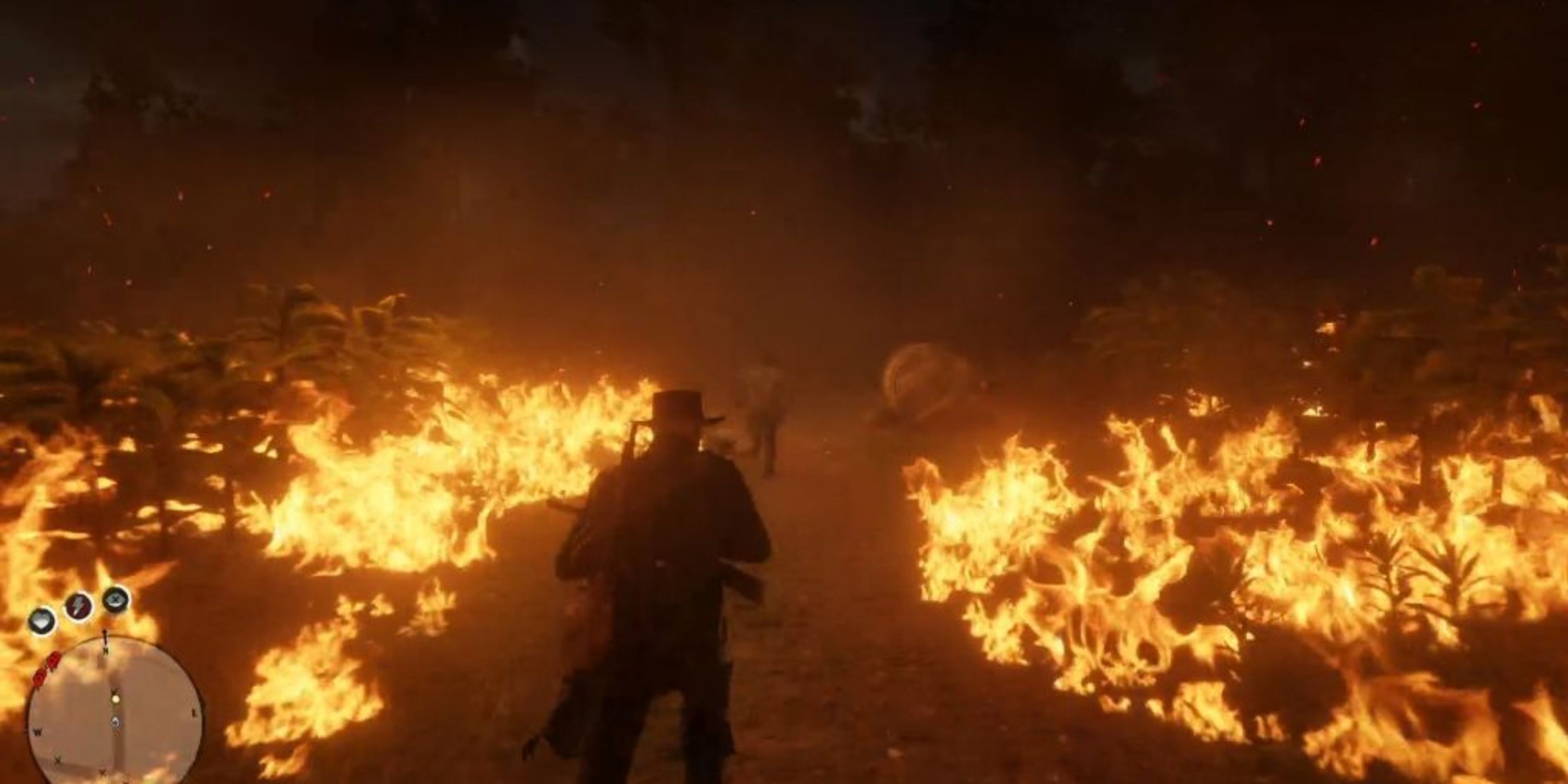 red dead online player in a forest fire