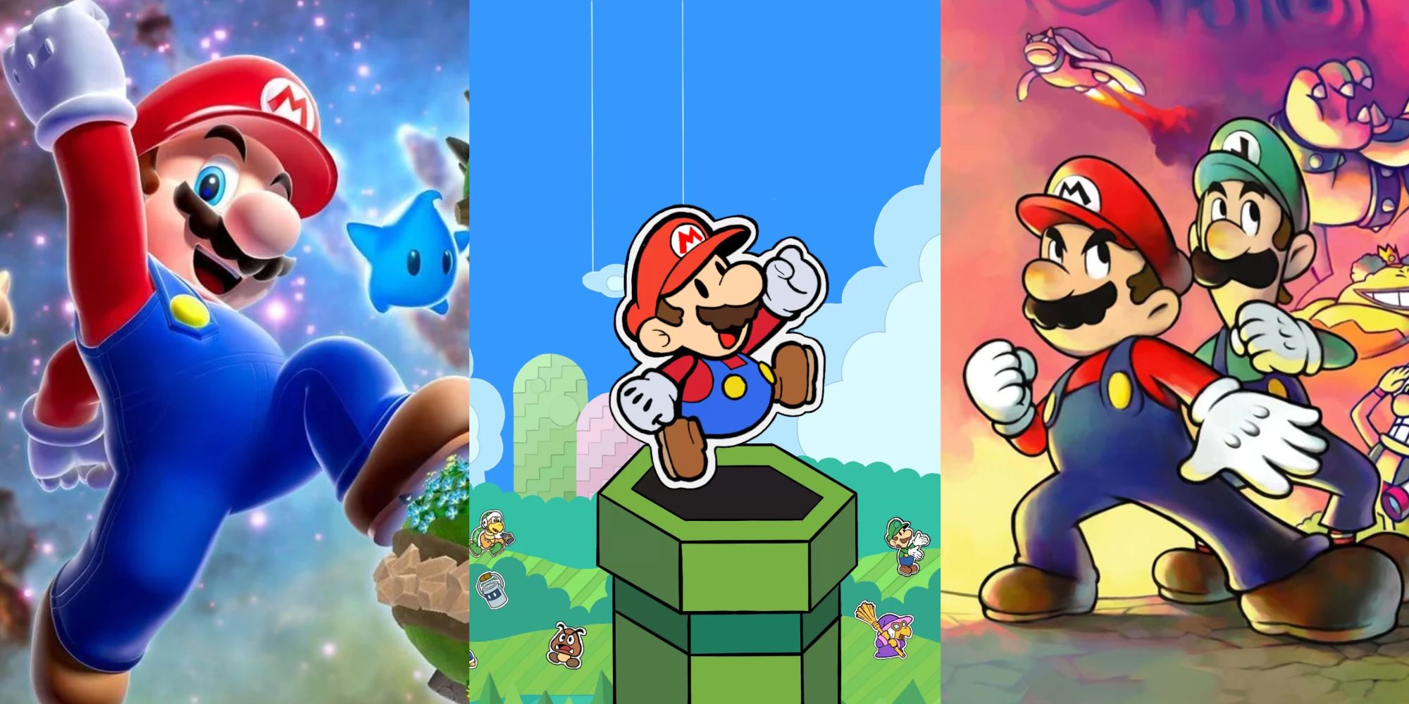 Promo images of Mario Galaxy, Paper Mario, and Mario & Luigi