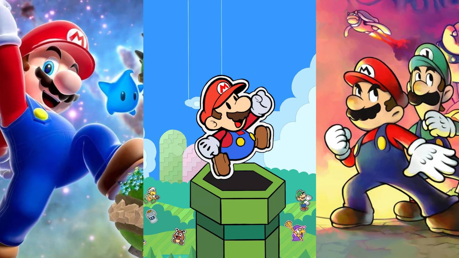 Promo images of Mario Galaxy, Paper Mario, and Mario & Luigi