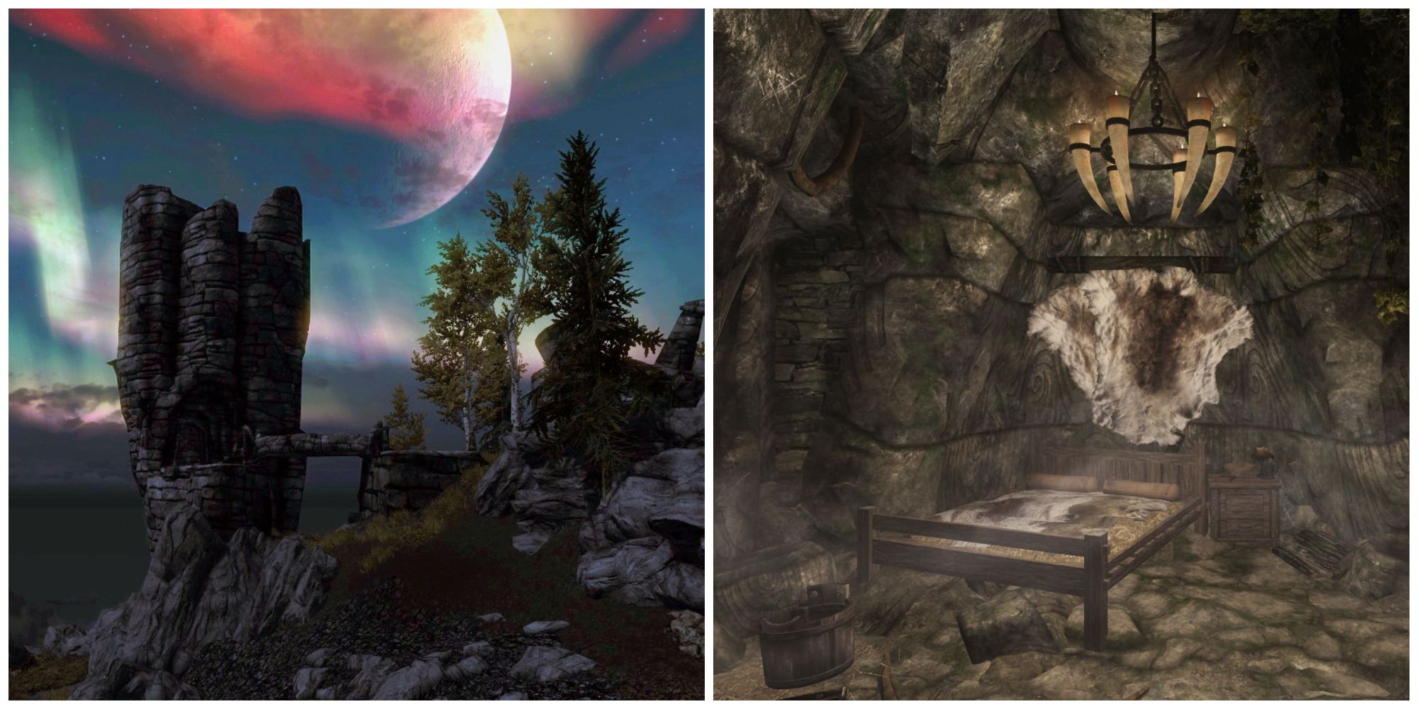 Split image of Skyrim Nilheim and ancient Nordic ruin bedroom