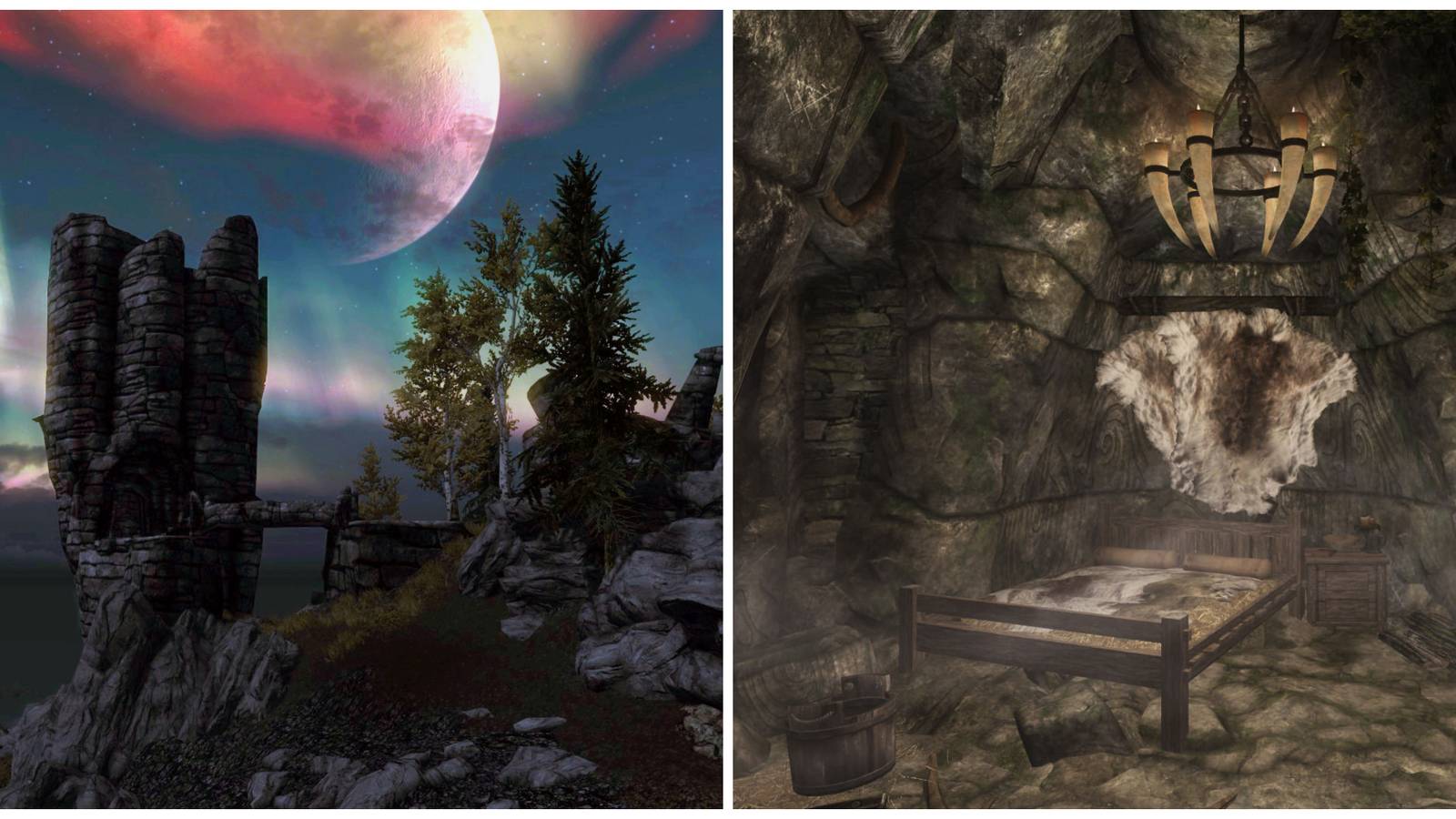 Split image of Skyrim Nilheim and ancient Nordic ruin bedroom