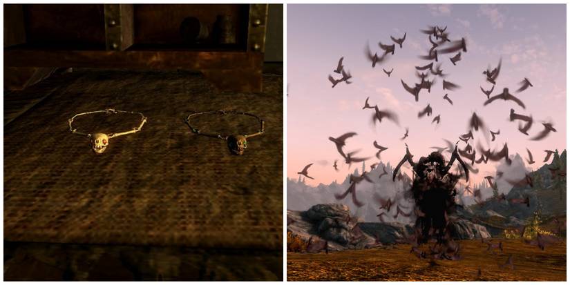 Skyrim split image, amulet of bats and the gargoyle, and vampire lord bats