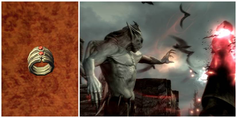 Skyrim split image, Ring of The Beast and a vampire lord using drain health