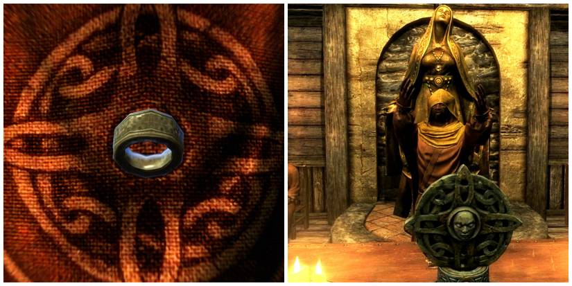 Skyrim split image, The Bond of Matrimony and Maramal performing wedding ceremony
