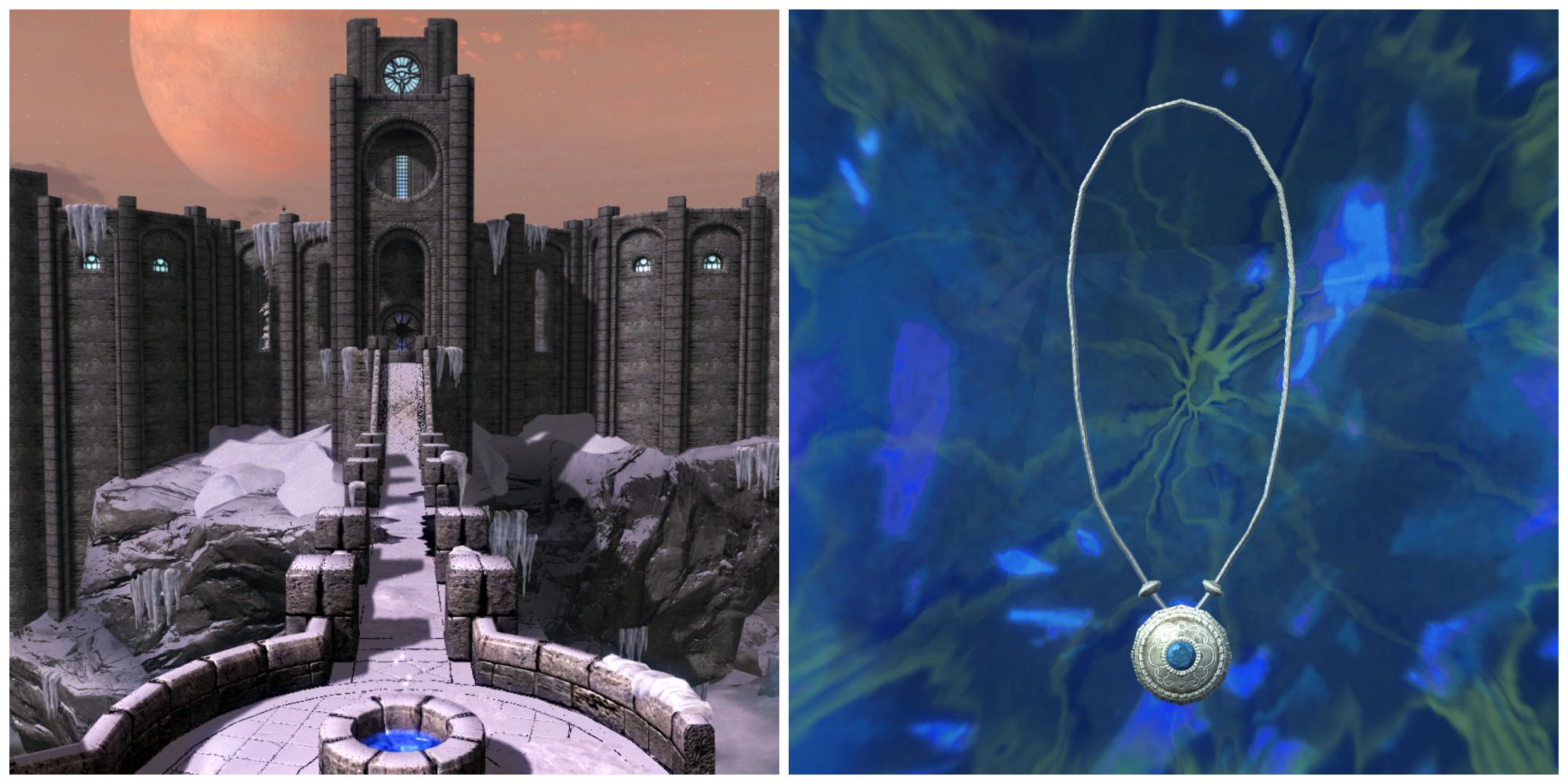 Skyrim split image, College of Winterhold and Savos Aren's amulet