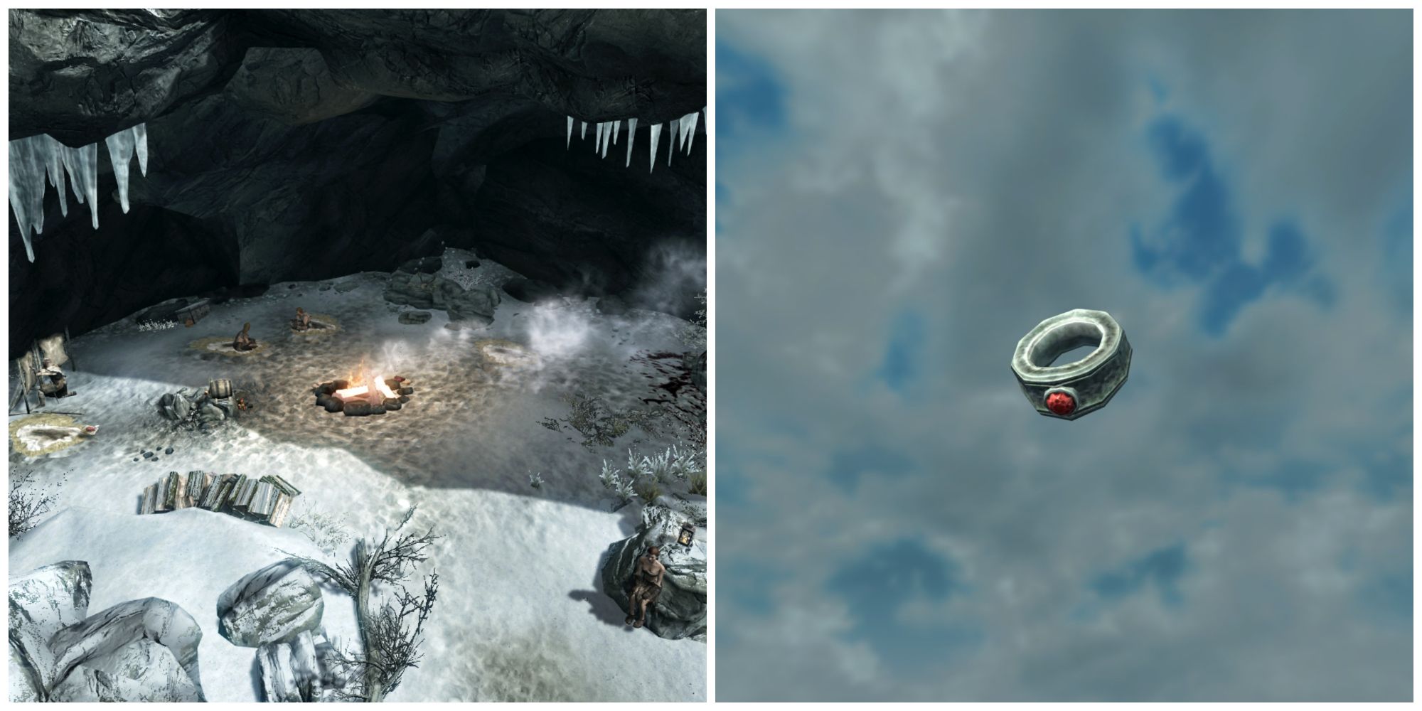 Skyrim split image, Frostmoon Crag and the Ring of the Hunt