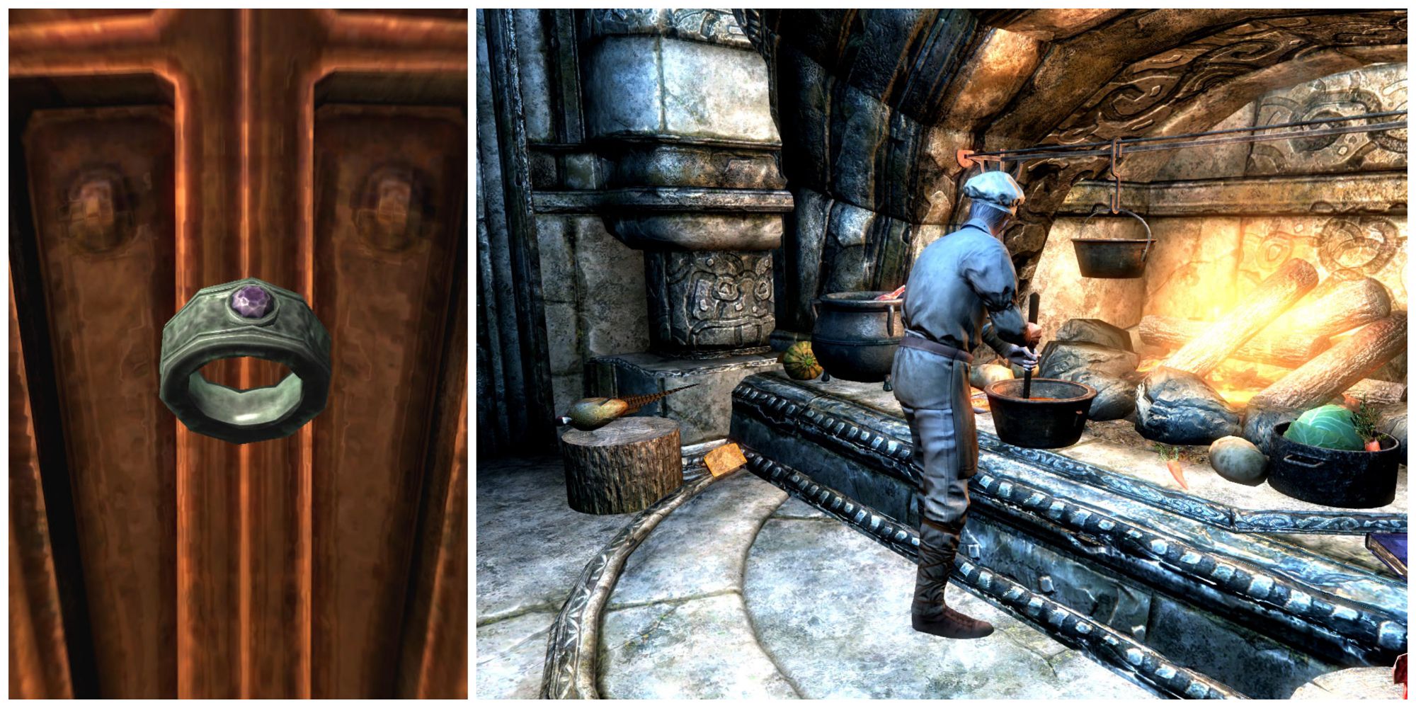 Skyrim split image, Nightweaver's band and Anton Virane cooking