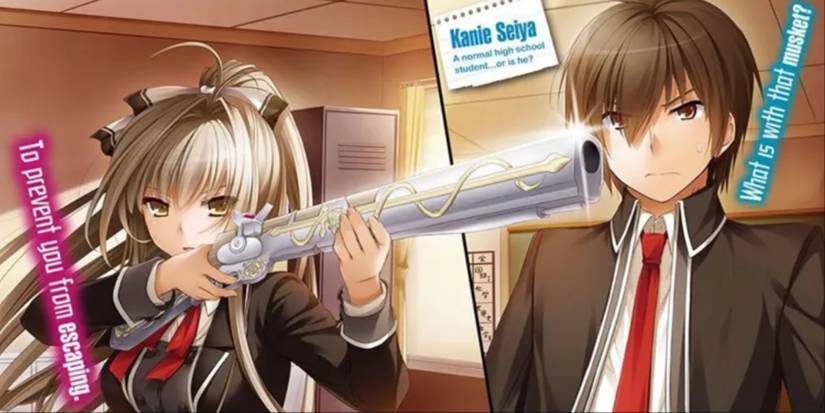 Amagi Brilliant Park character holding a gun to the protagonist's head