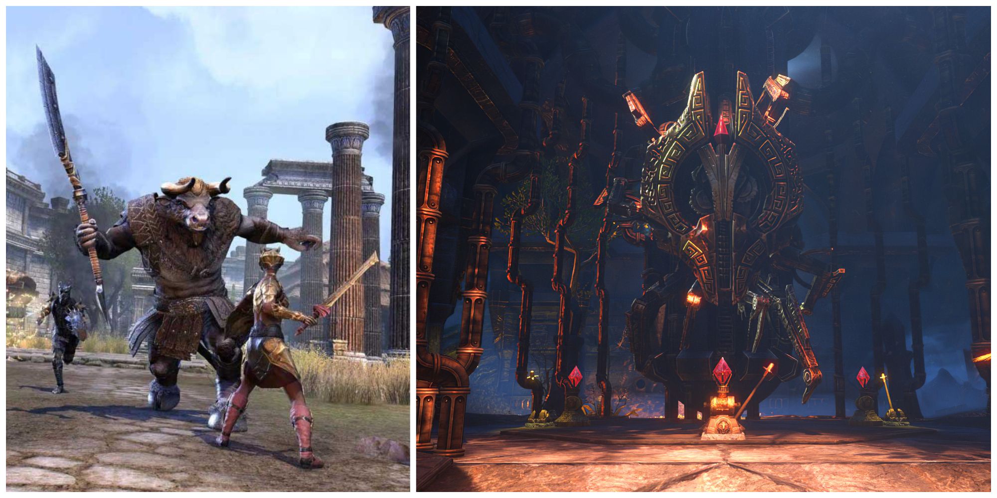 Elder Scrolls Online split image minotaur fighting Argonian warrior, Engine Guardian at rest