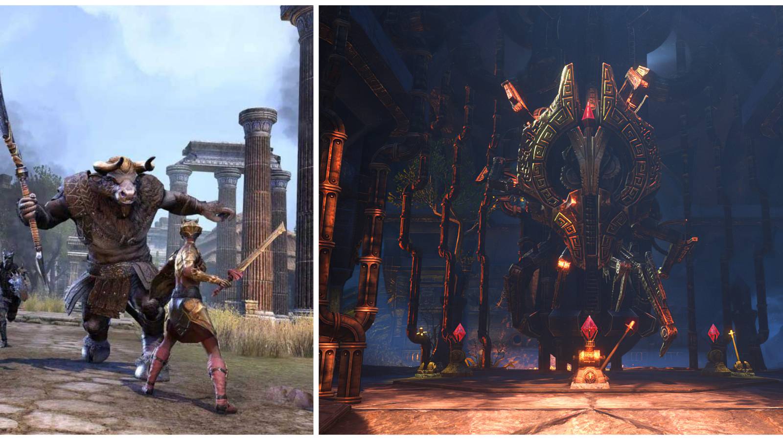 Elder Scrolls Online split image minotaur fighting Argonian warrior, Engine Guardian at rest