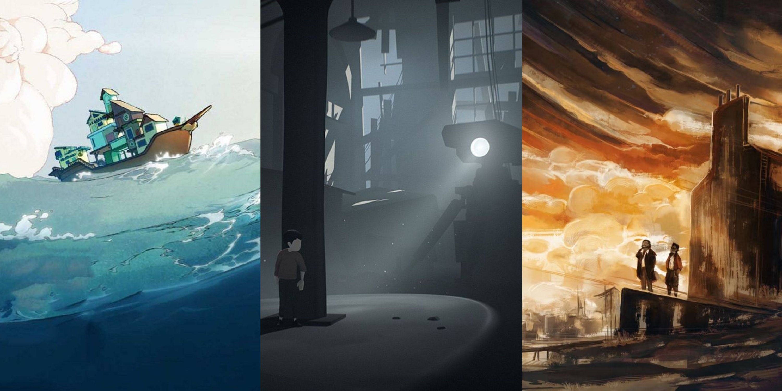 A a split image of a ship on the ocean from Spiritfarer, a boy hiding from a searchlight in Inside, and a two men standing outside a building from Disco Elysium