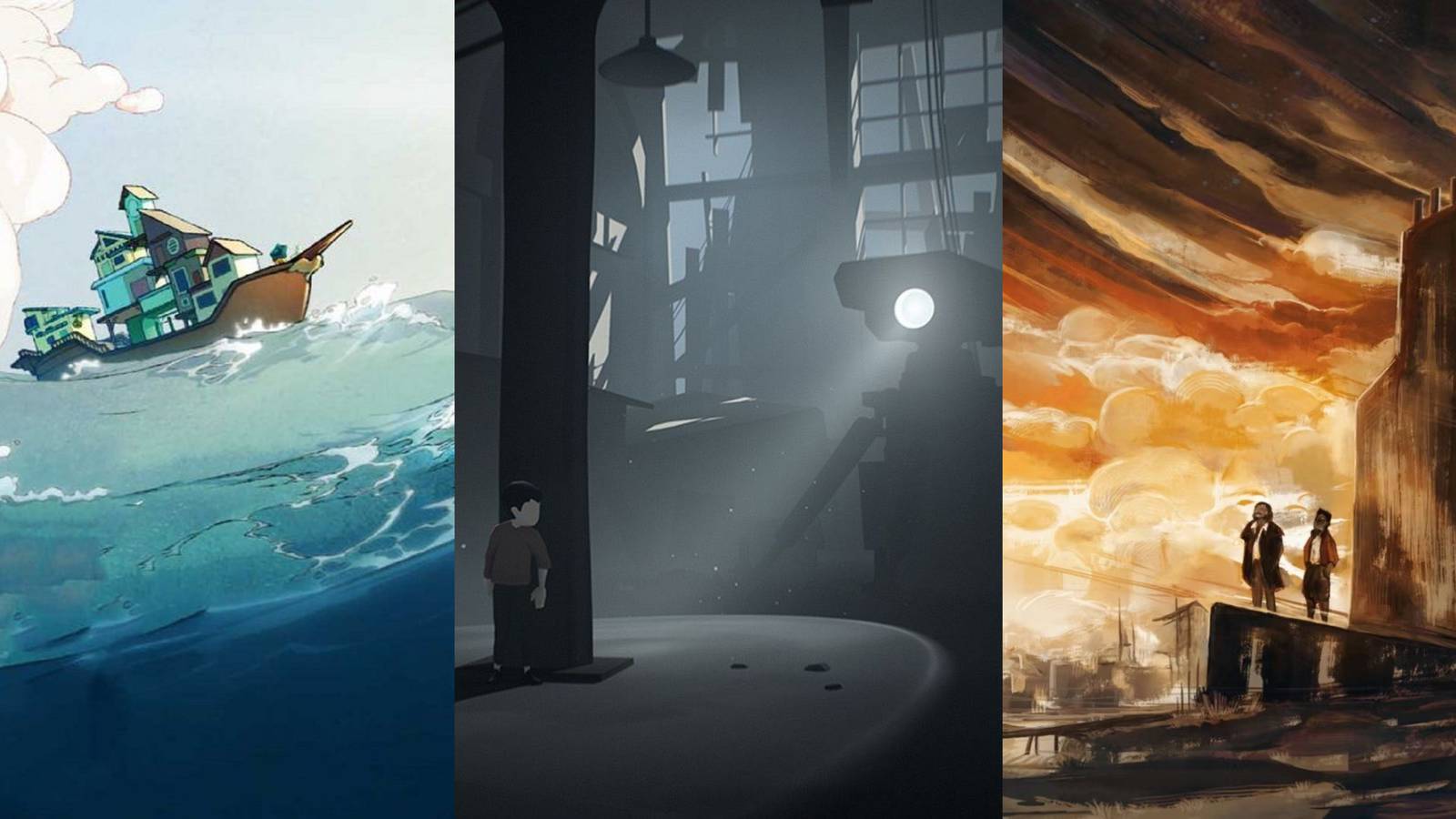 A a split image of a ship on the ocean from Spiritfarer, a boy hiding from a searchlight in Inside, and a two men standing outside a building from Disco Elysium