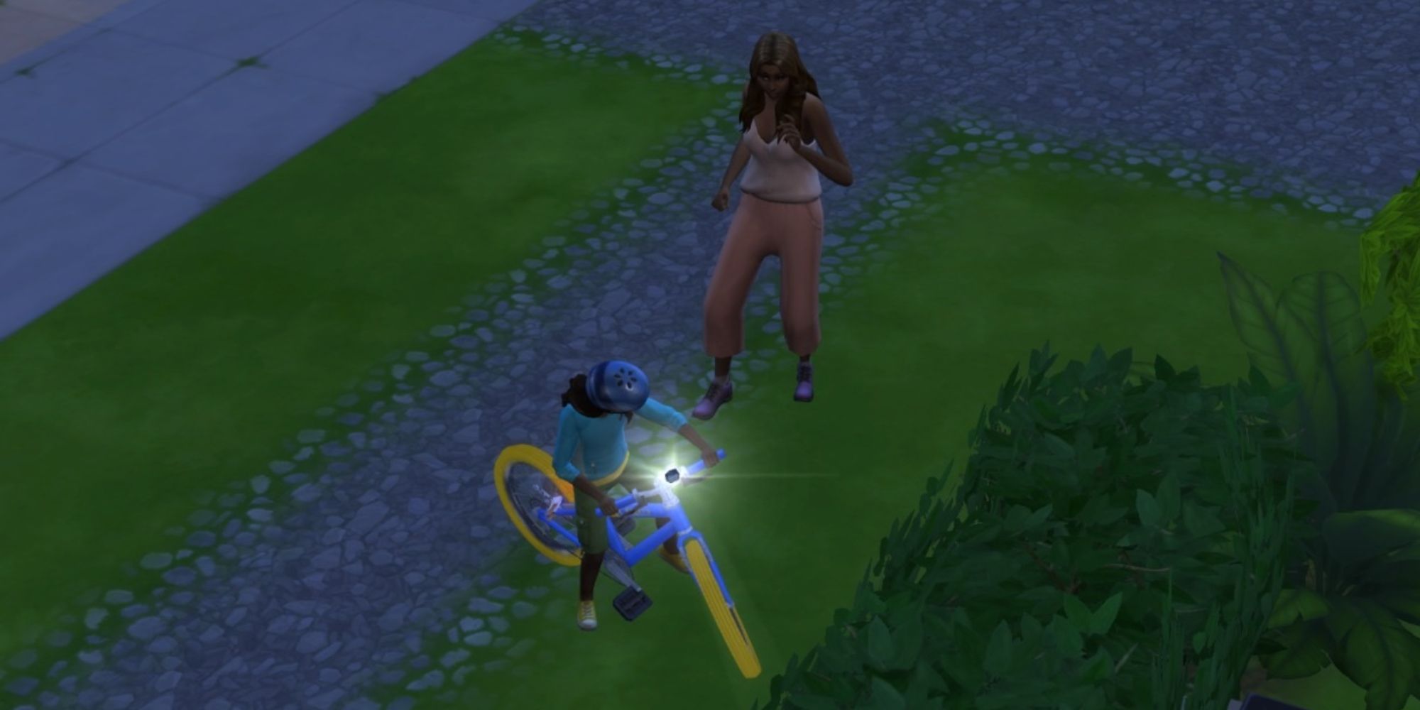 parent teaching child how to ride a bike in-game