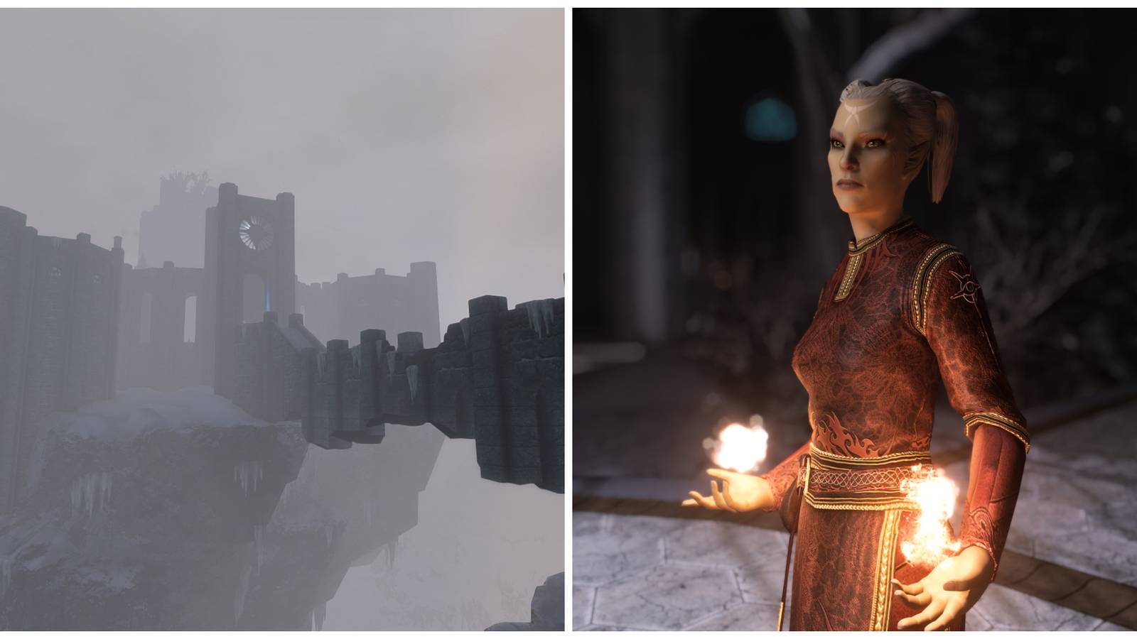 Skyrim split image, College of Winterhold in mist and Faralda wielding fire spells