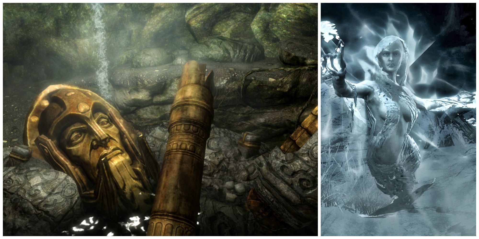 Skyrim split image, ruined Dwemer architecture and a wispmother