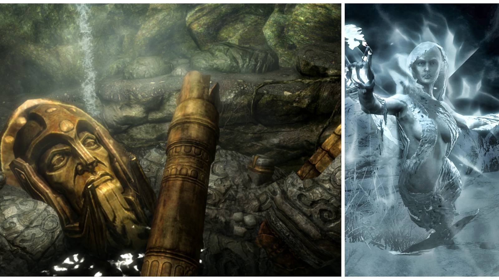 Skyrim split image, ruined Dwemer architecture and a wispmother