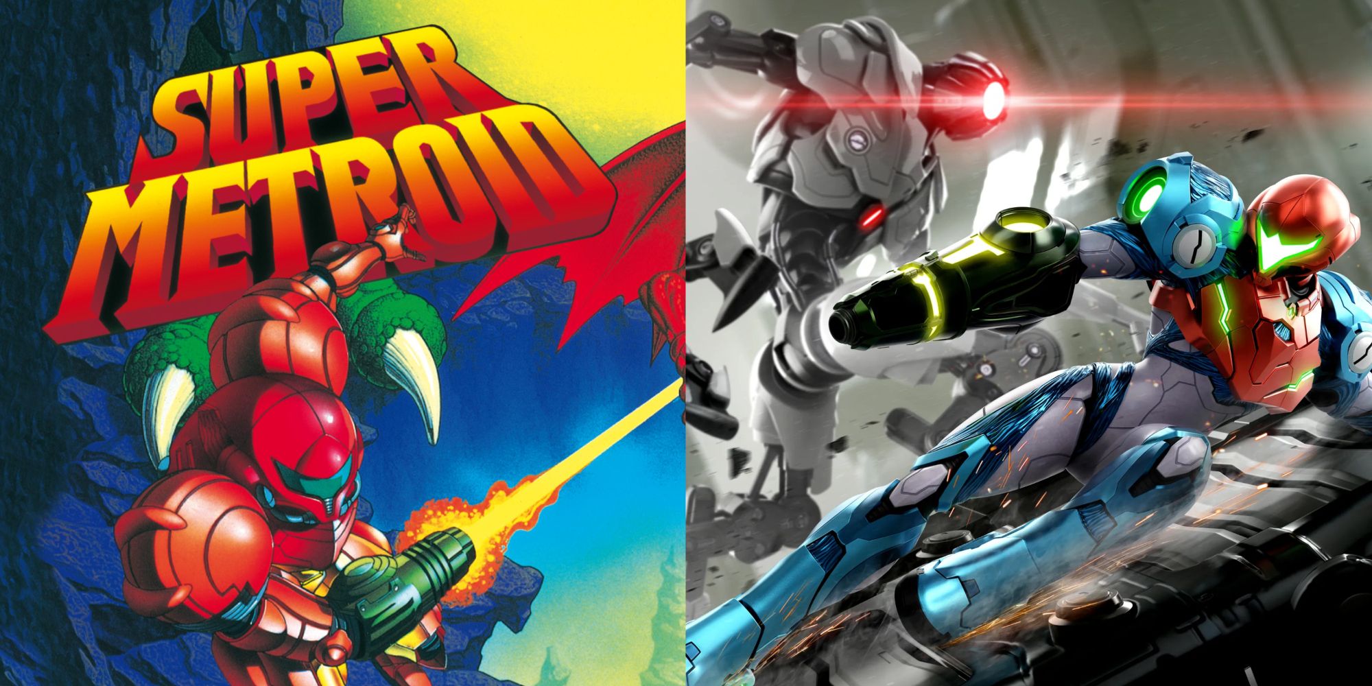 A composite image of the Super Metroid cover art and a Metroid Dread promotional image