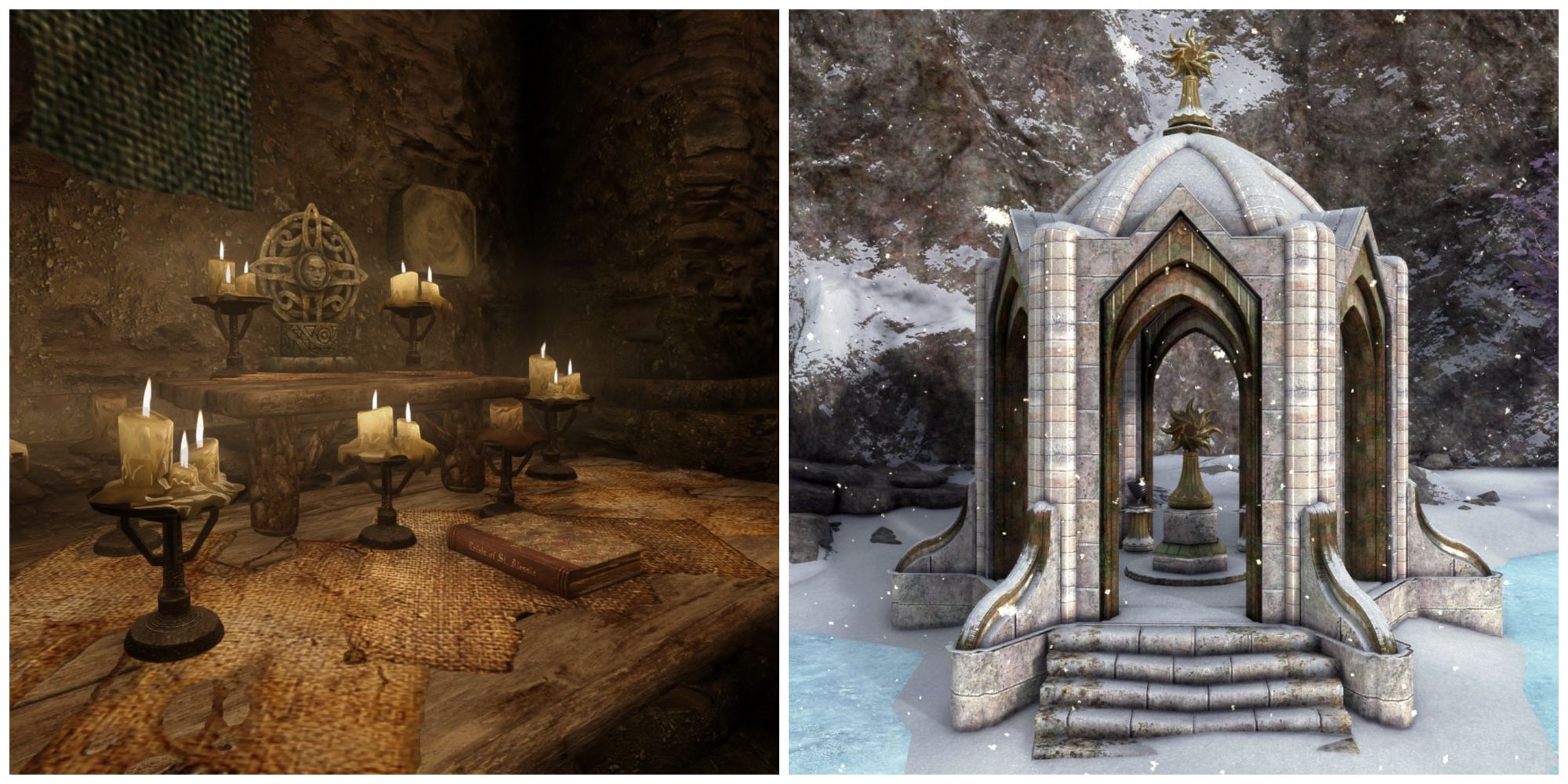 Skyrim split image, shrine of Mara in Nightcaller Temple, and Shrine of Auriel in Forgotten Vale