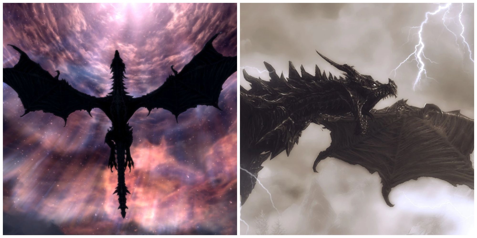 Skyrim split image of Alduin flying in Sovngarde, and Alduin flying in a storm