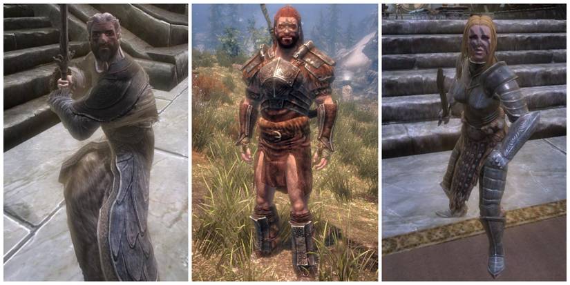 Skyrim split image of Felldir, Hakon One-Eye, and Gormlaith