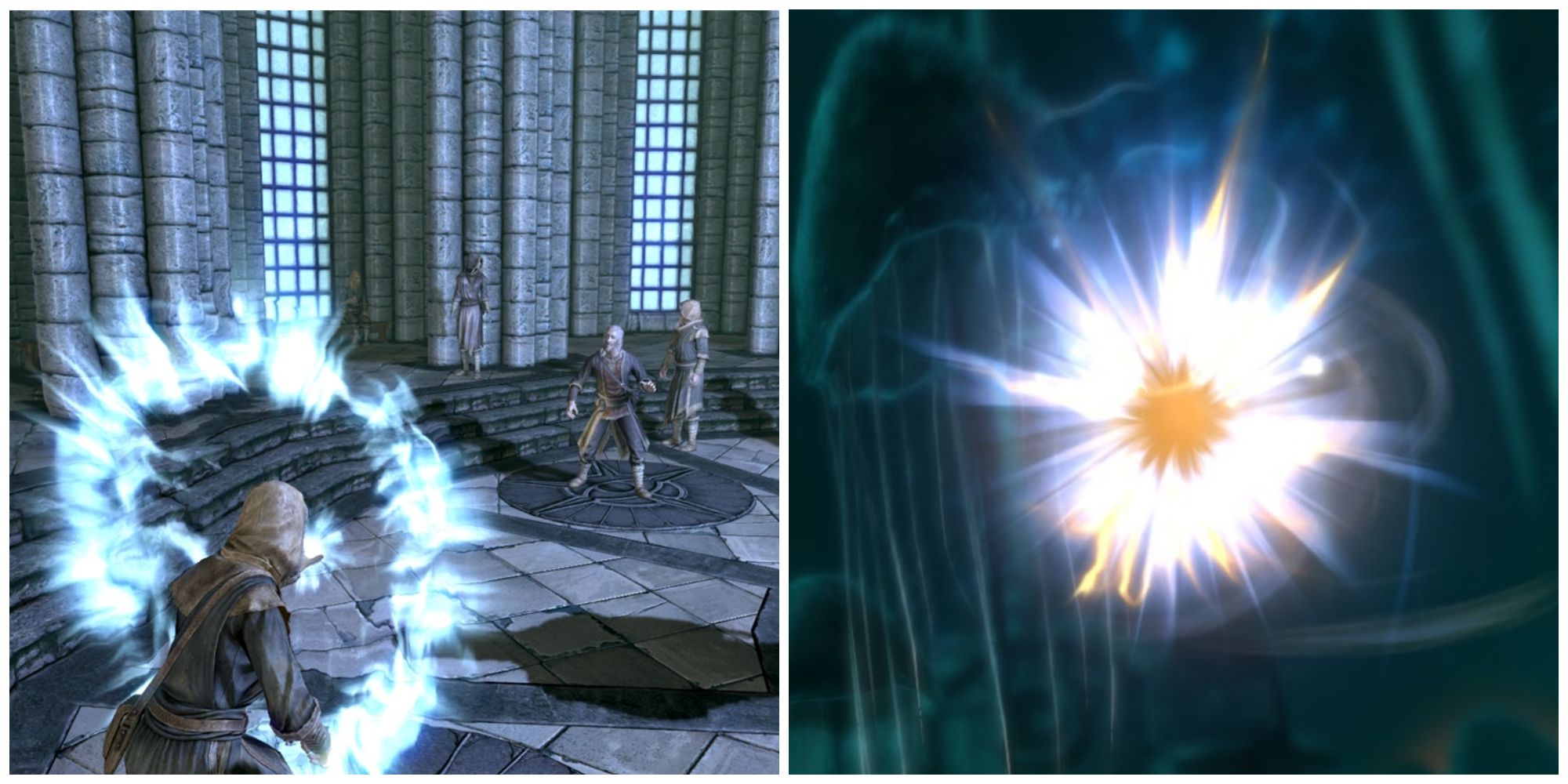 Skyrim split image of mage using ward spell in First Lessons, and Restoration spell in inventory