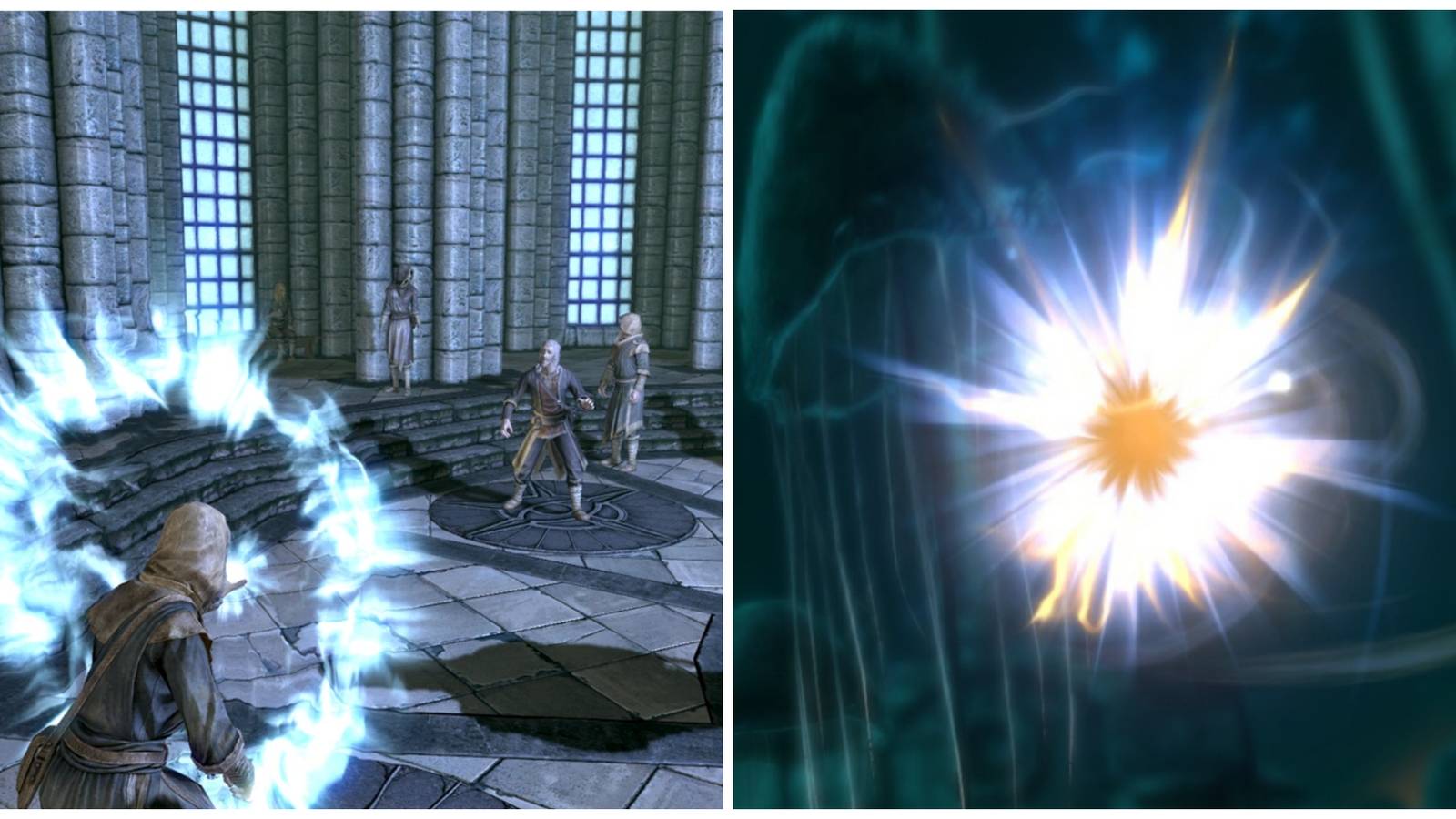 Skyrim split image of mage using ward spell in First Lessons, and Restoration spell in inventory