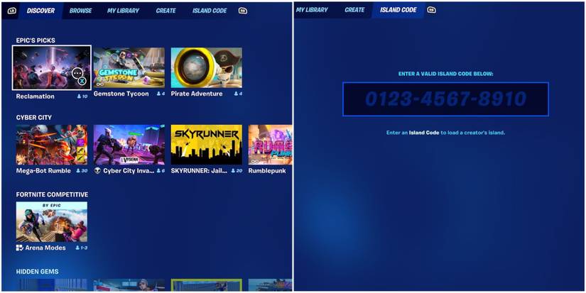 searching in the discover tab and putting in an island code