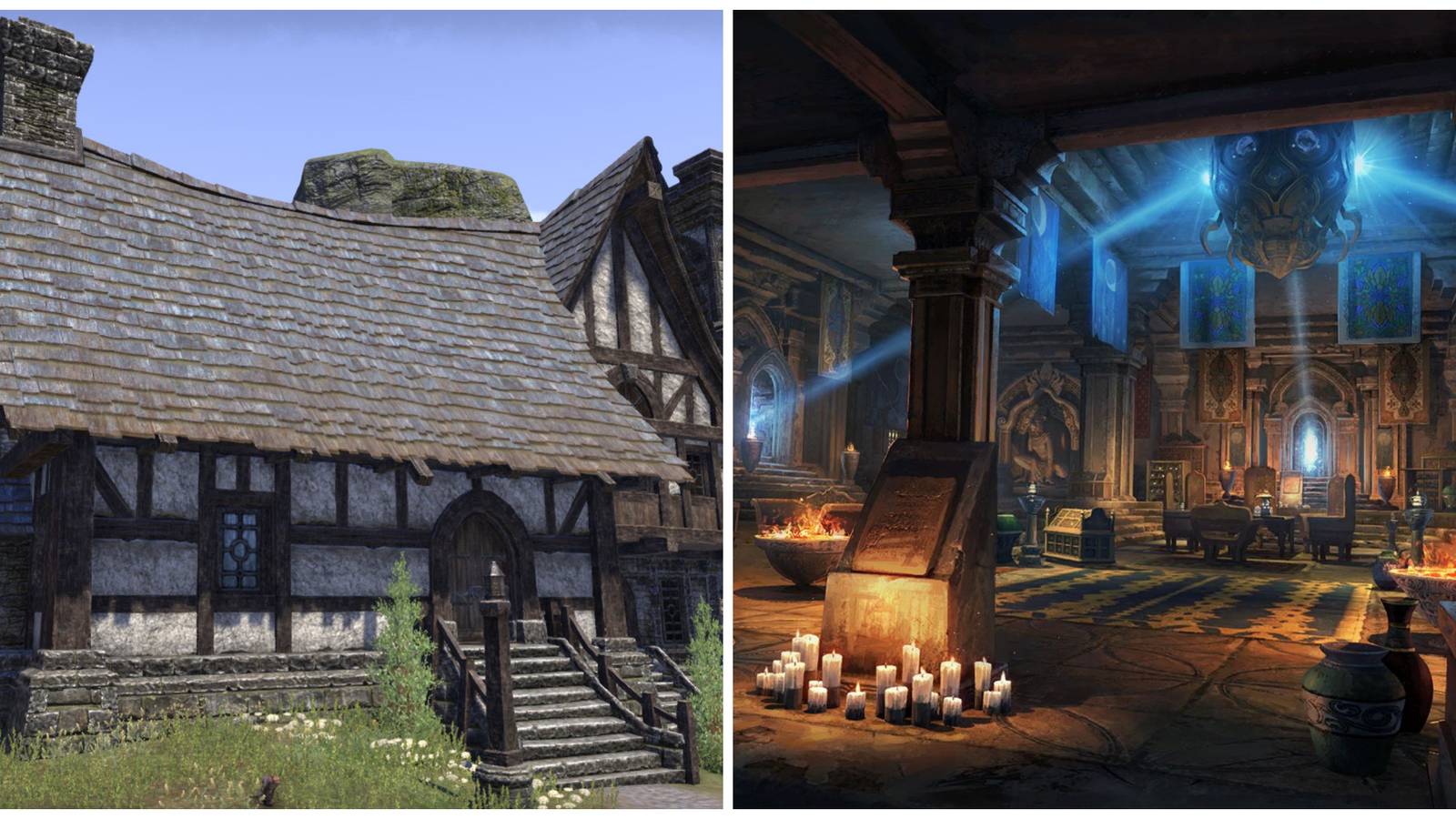 Split image, Elder Scrolls Online Captain Margaux's Place and Lunar Champion Hall