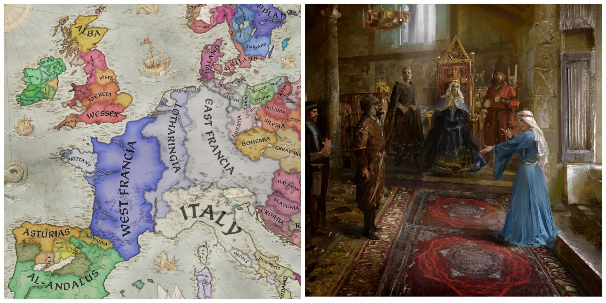 Crusader Kings 3 split image, map of Europe 867 and loading screen art of queen and her court