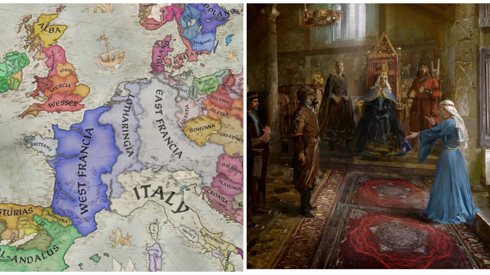 Crusader Kings 3 split image, map of Europe 867 and loading screen art of queen and her court