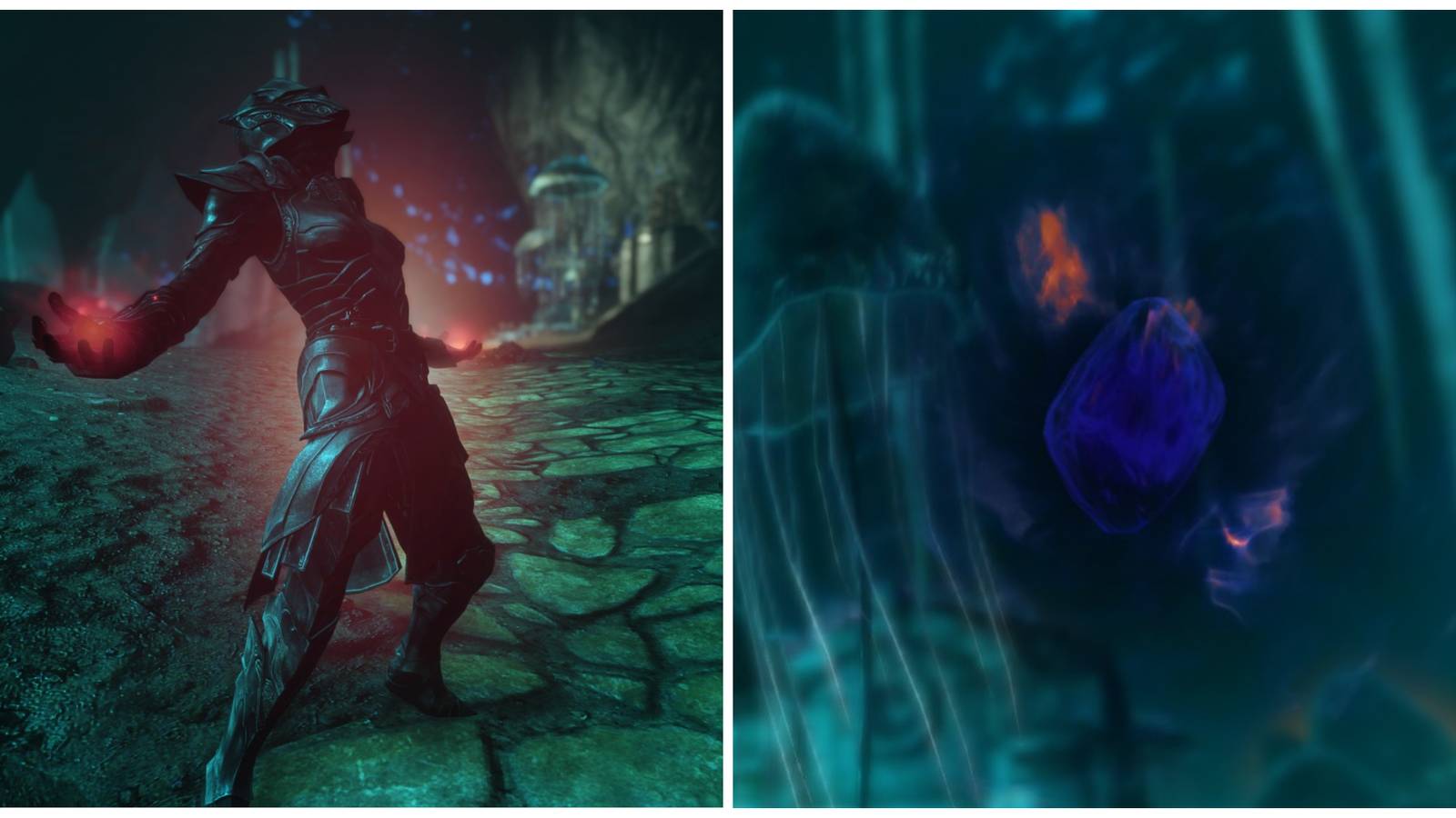 Skyrim split image, woman in Ebony armor casting Hysteria, invisbility spell in menu