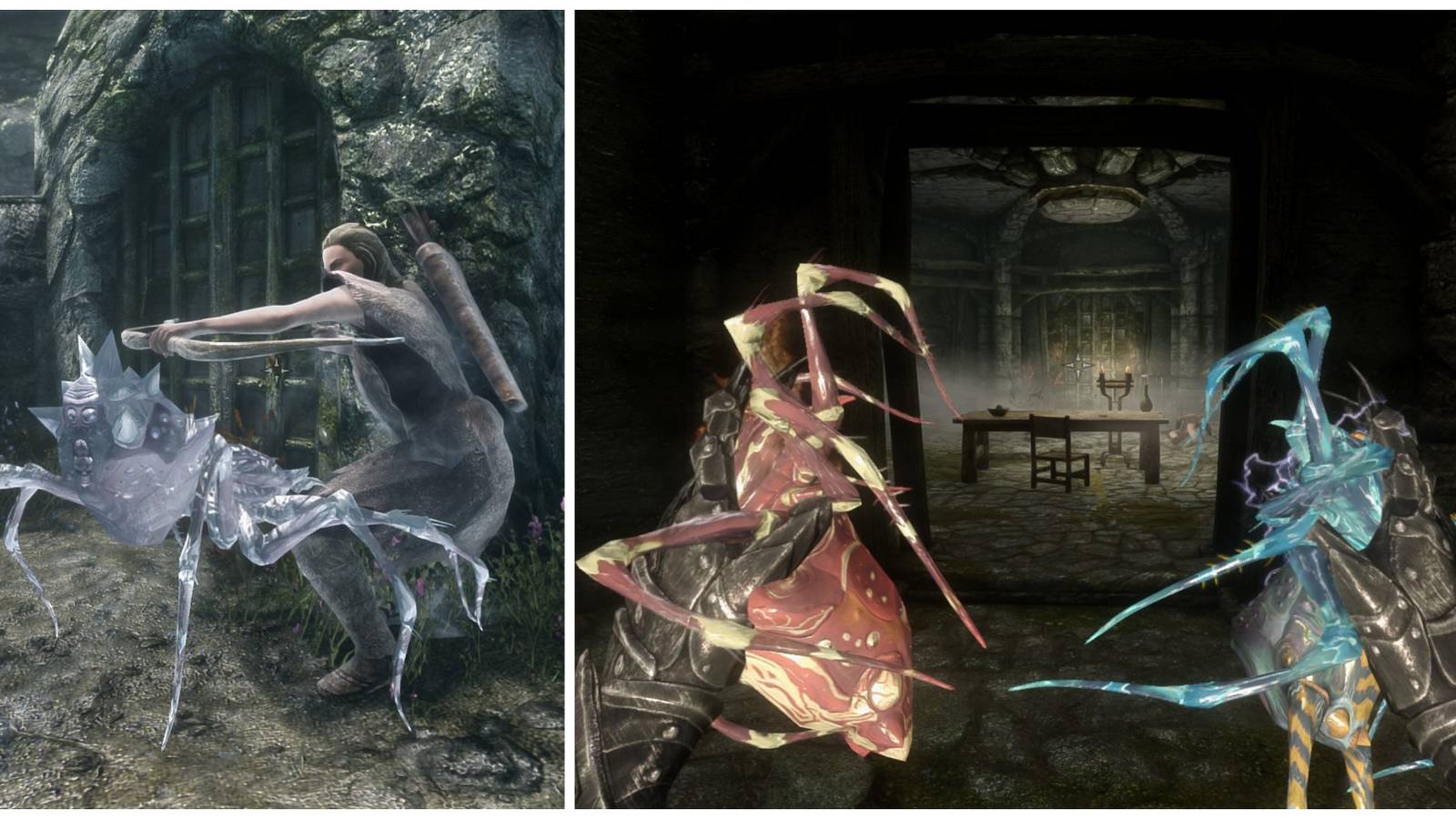 Skyrim split image, frost cloaked spider fighting bandit, first person holding flame and shock spider