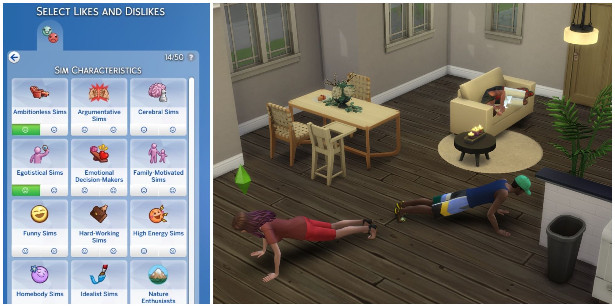 sim setting their trait preferences in-game and doing activities