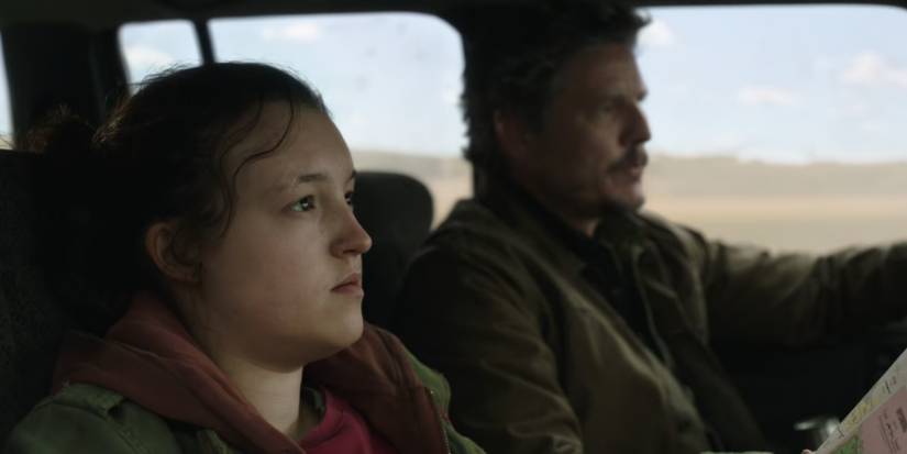 Ellie and Joel in a car in The Last of Us.