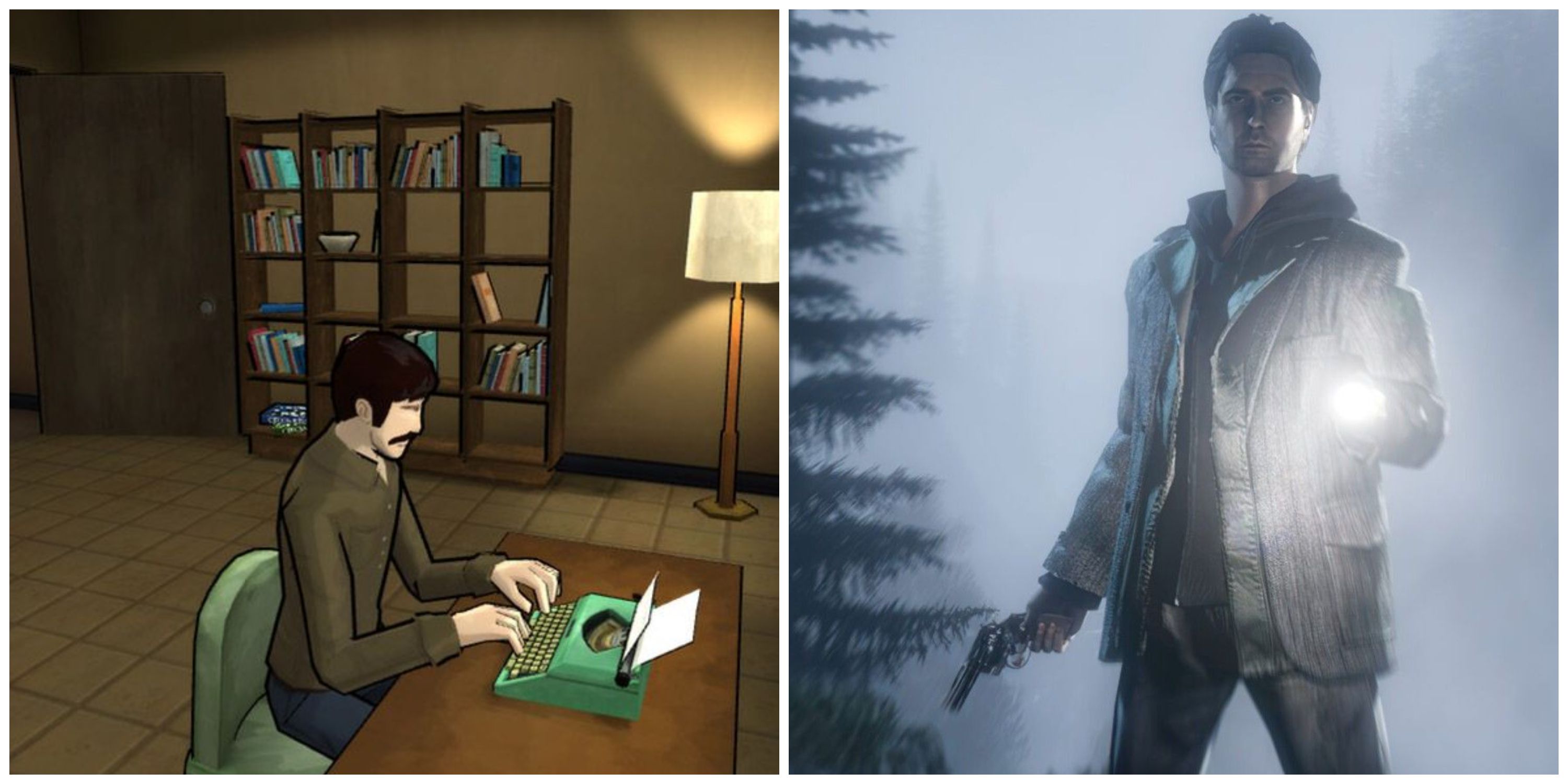 Left: The author from The Novelist in his office, typing on his typewriter. Right: Alan Wake, shining a flashlight forward in the foggy woods at night.